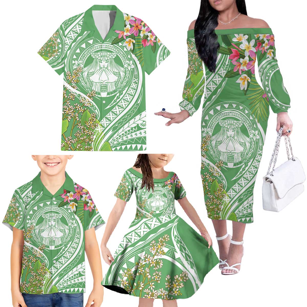 Aloha Molokai Island Family Matching Off The Shoulder Long Sleeve Dress and Hawaiian Shirt Hawaii Pua Kukui