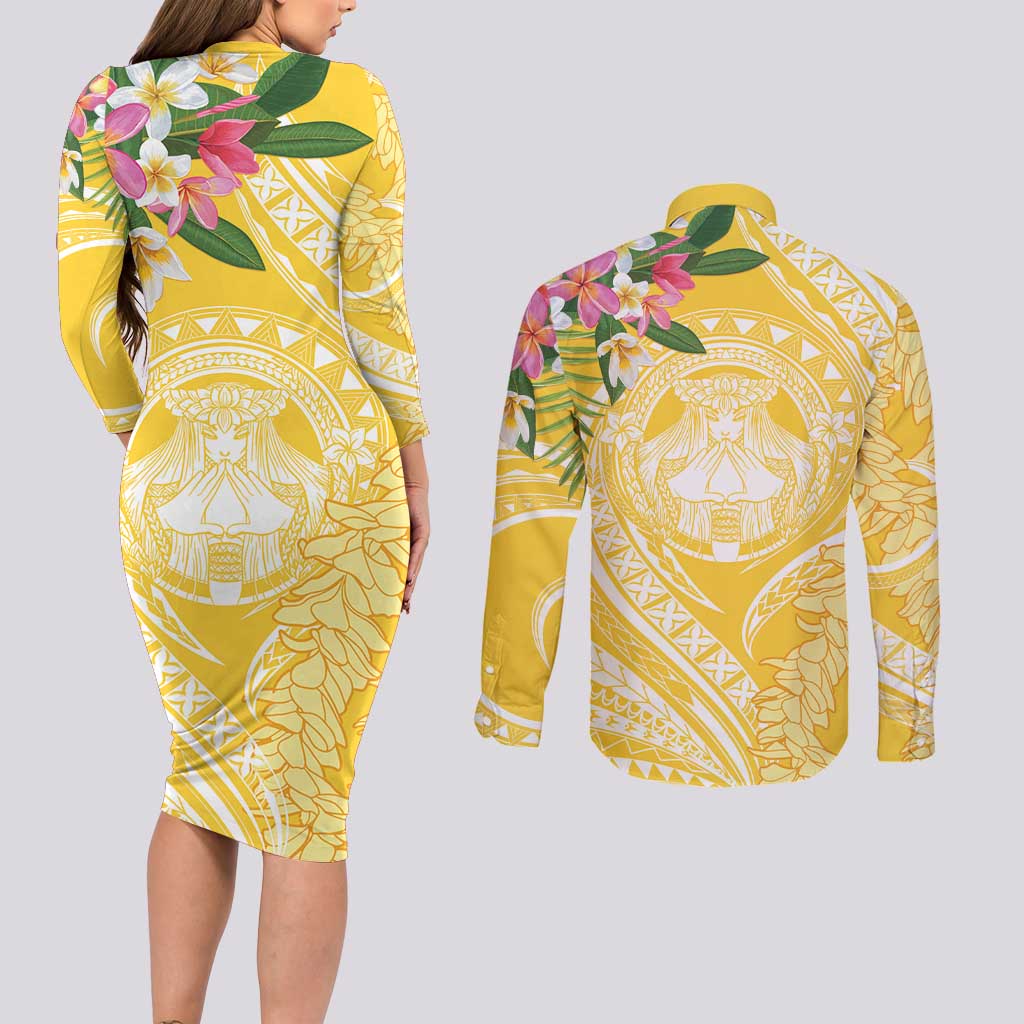 Aloha Hawaii Oahu Couples Matching Long Sleeve Bodycon Dress and Long Sleeve Button Shirt Wahine with Ilima Lei