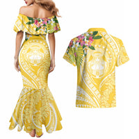 Aloha Hawaii Oahu Couples Matching Mermaid Dress and Hawaiian Shirt Wahine with Ilima Lei