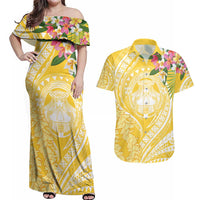 Aloha Hawaii Oahu Couples Matching Off Shoulder Maxi Dress and Hawaiian Shirt Wahine with Ilima Lei