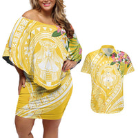 Aloha Hawaii Oahu Couples Matching Off Shoulder Short Dress and Hawaiian Shirt Wahine with Ilima Lei