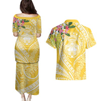 Aloha Hawaii Oahu Couples Matching Puletasi and Hawaiian Shirt Wahine with Ilima Lei