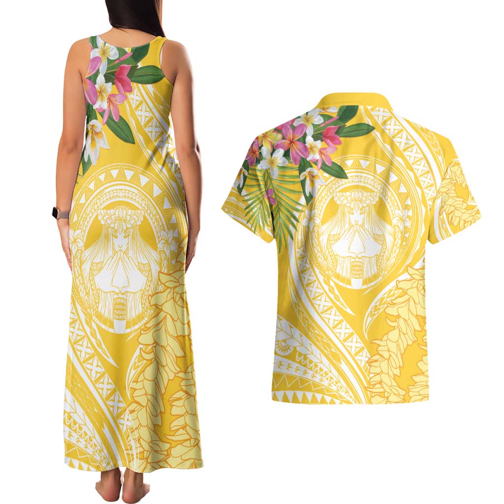 Aloha Hawaii Oahu Couples Matching Tank Maxi Dress and Hawaiian Shirt Wahine with Ilima Lei