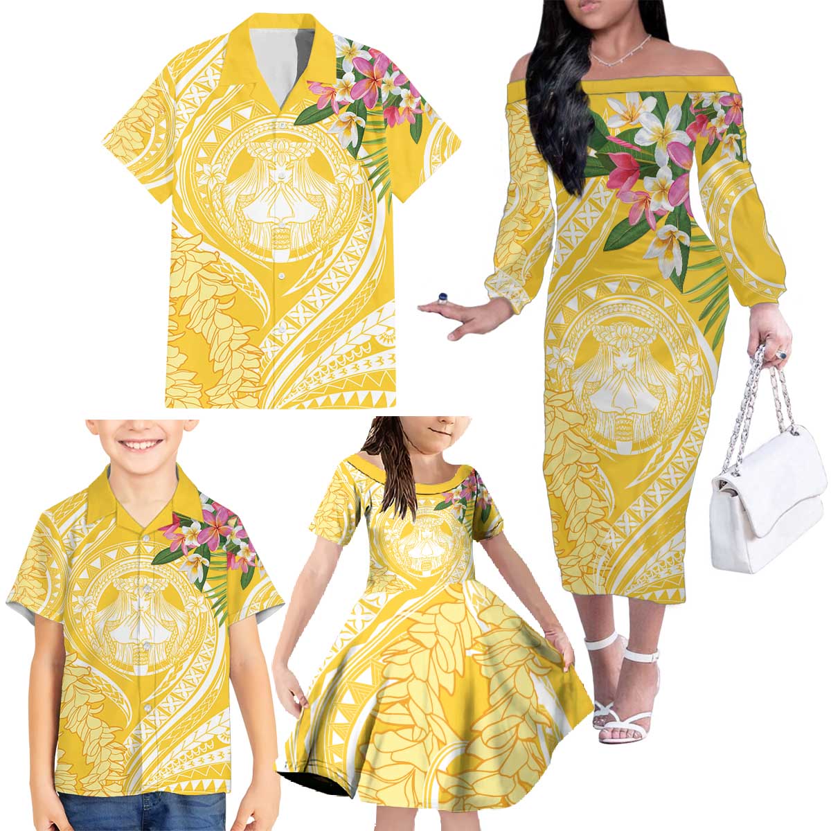 Aloha Hawaii Oahu Family Matching Off The Shoulder Long Sleeve Dress and Hawaiian Shirt Wahine with Ilima Lei