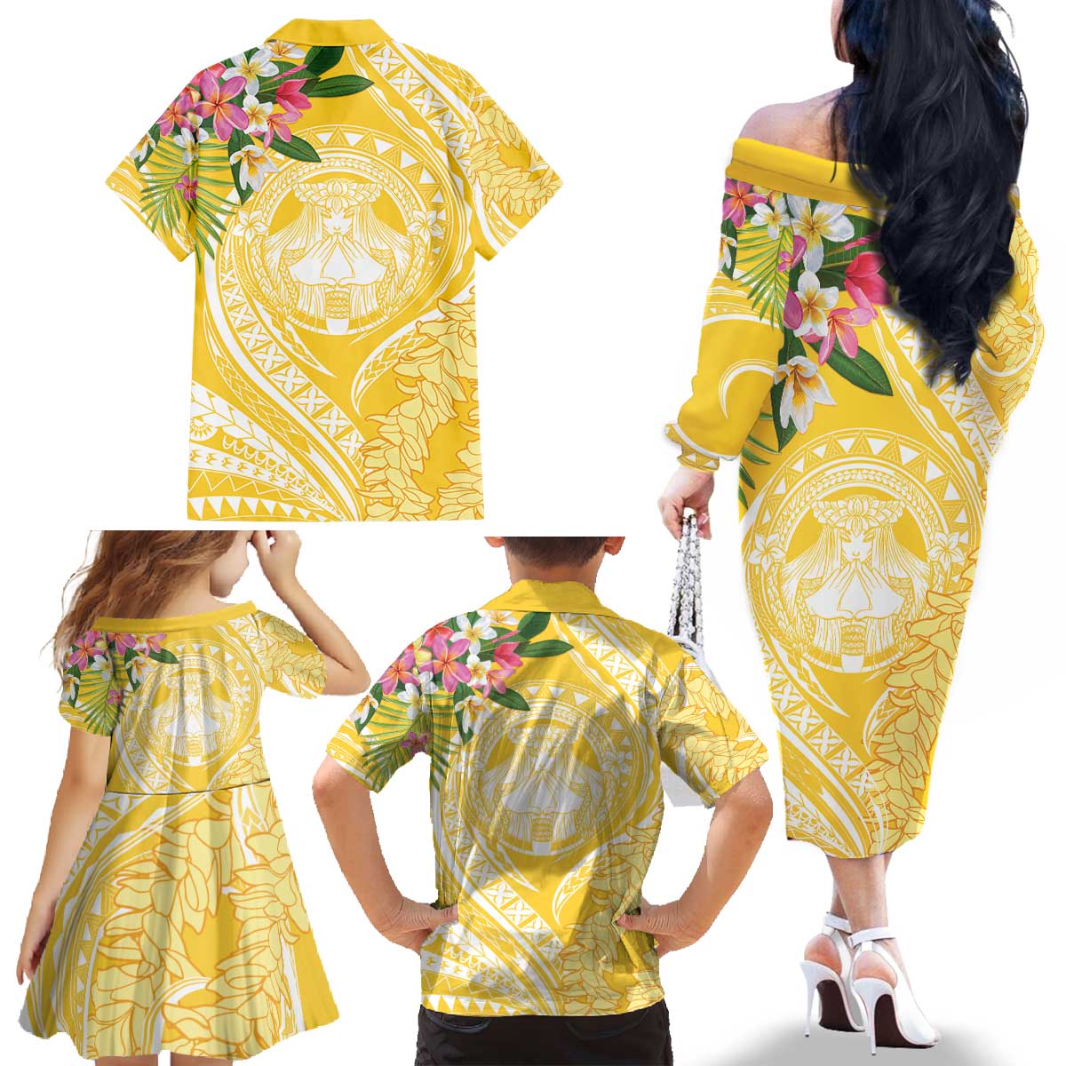 Aloha Hawaii Oahu Family Matching Off The Shoulder Long Sleeve Dress and Hawaiian Shirt Wahine with Ilima Lei