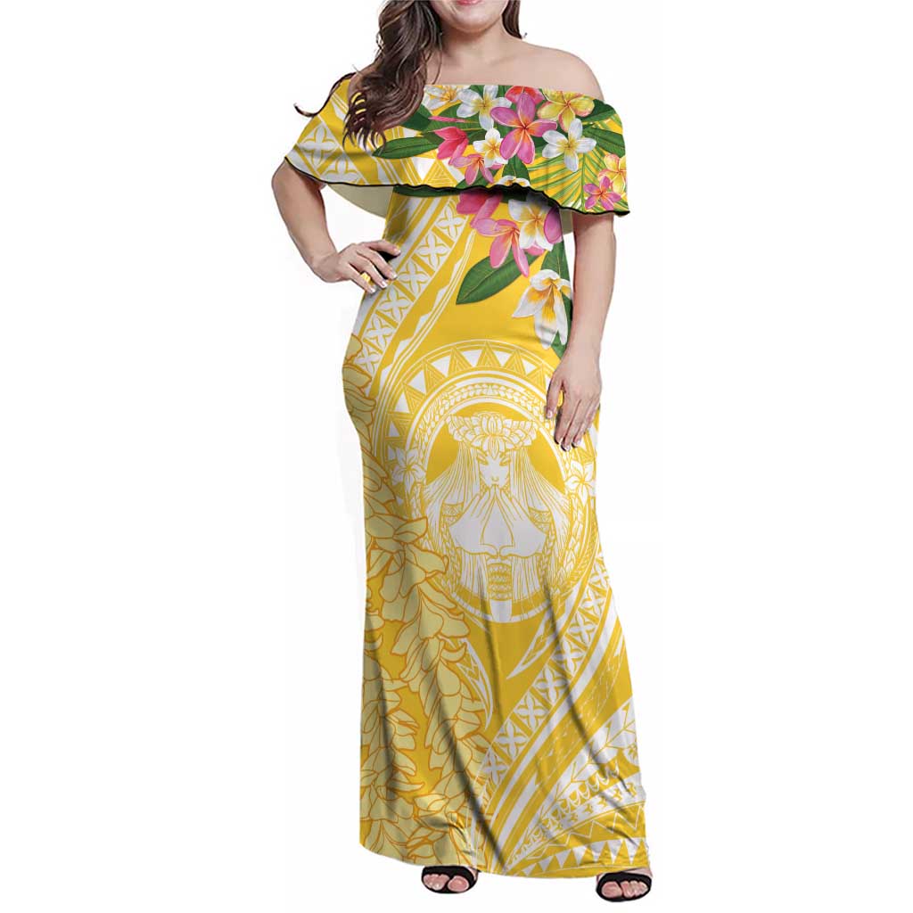 Aloha Hawaii Oahu Family Matching Off Shoulder Maxi Dress and Hawaiian Shirt Wahine with Ilima Lei