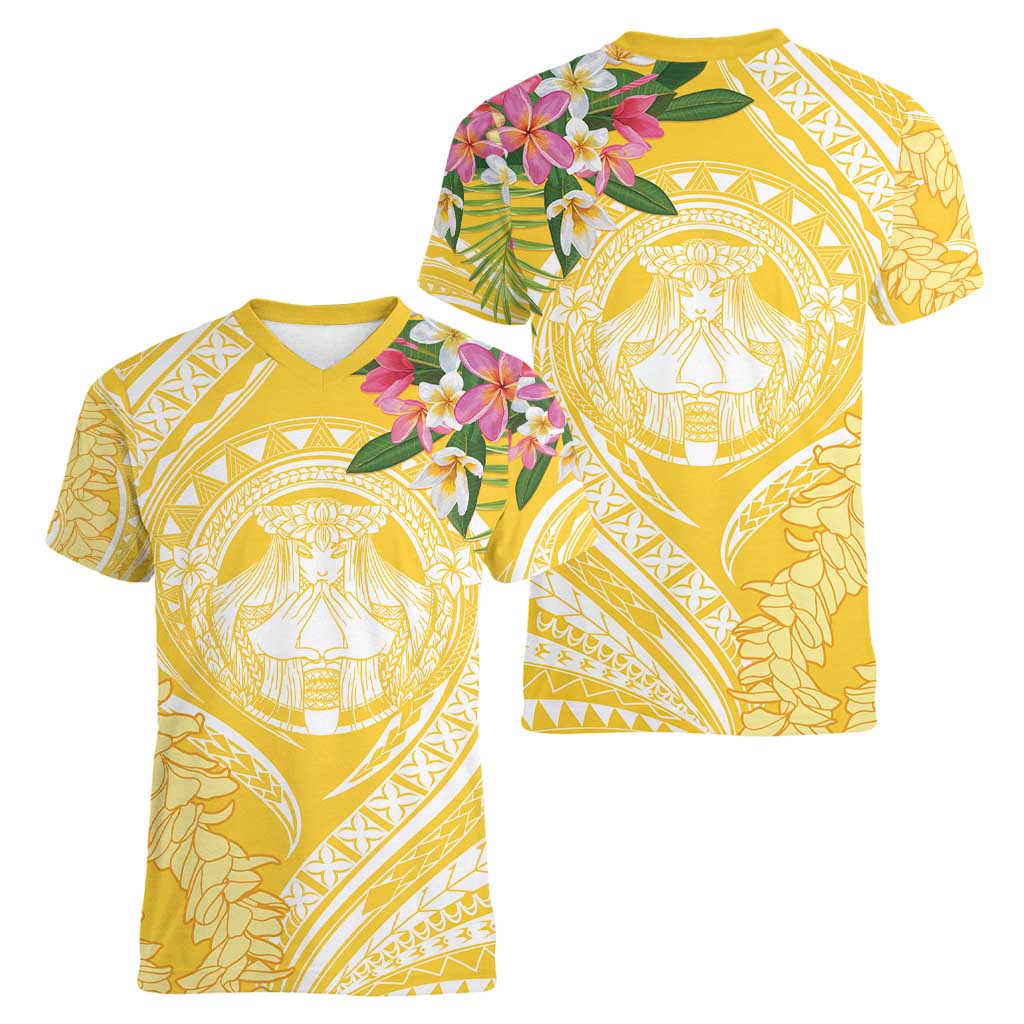 Aloha Hawaii Oahu Women V-Neck T-Shirt Wahine with Ilima Lei