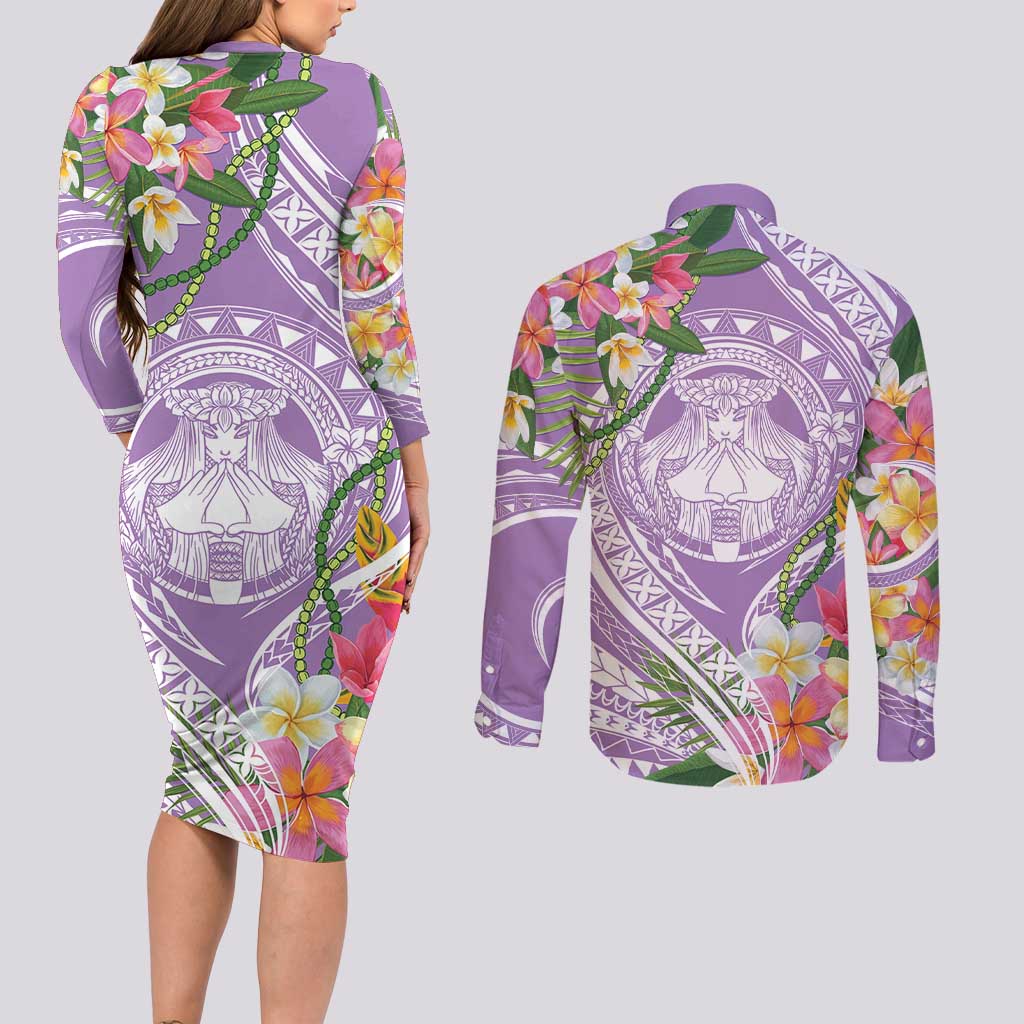 Aloha Hawaii Kauai Couples Matching Long Sleeve Bodycon Dress and Long Sleeve Button Shirt Frangipani Mix Mokihana Lei