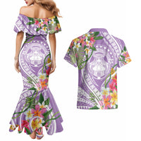 Aloha Hawaii Kauai Couples Matching Mermaid Dress and Hawaiian Shirt Frangipani Mix Mokihana Lei