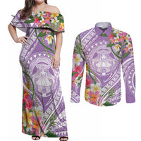 Aloha Hawaii Kauai Couples Matching Off Shoulder Maxi Dress and Long Sleeve Button Shirt Frangipani Mix Mokihana Lei