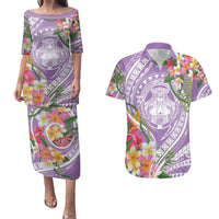 Aloha Hawaii Kauai Couples Matching Puletasi and Hawaiian Shirt Frangipani Mix Mokihana Lei