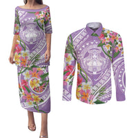 Aloha Hawaii Kauai Couples Matching Puletasi and Long Sleeve Button Shirt Frangipani Mix Mokihana Lei