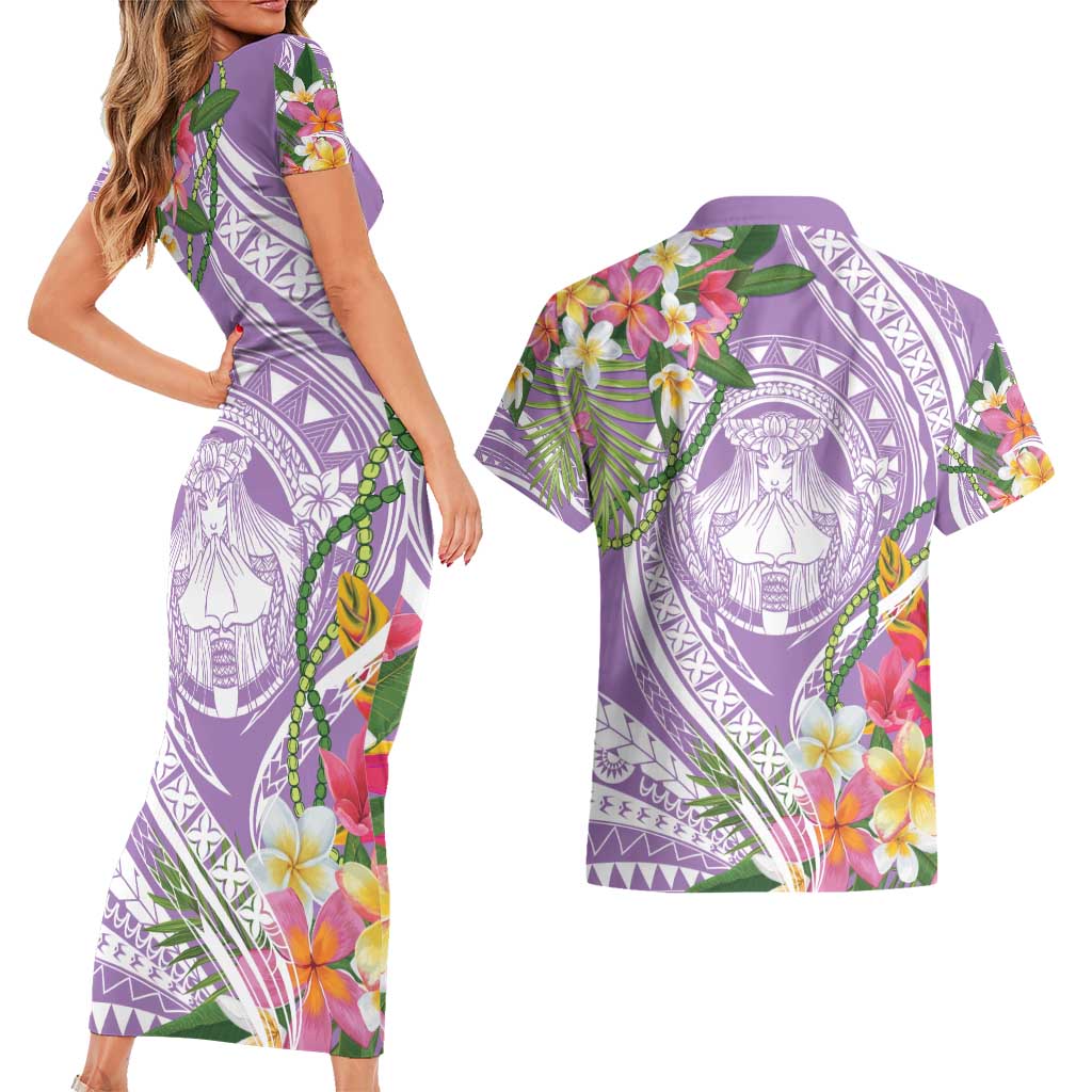 Aloha Hawaii Kauai Couples Matching Short Sleeve Bodycon Dress and Hawaiian Shirt Frangipani Mix Mokihana Lei