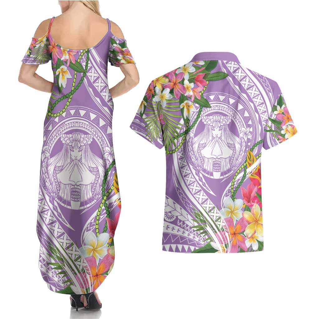 Aloha Hawaii Kauai Couples Matching Summer Maxi Dress and Hawaiian Shirt Frangipani Mix Mokihana Lei