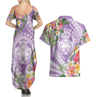 Aloha Hawaii Kauai Couples Matching Summer Maxi Dress and Hawaiian Shirt Frangipani Mix Mokihana Lei