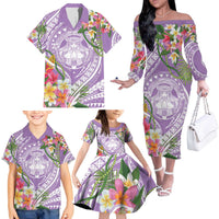 Aloha Hawaii Kauai Family Matching Off The Shoulder Long Sleeve Dress and Hawaiian Shirt Frangipani Mix Mokihana Lei