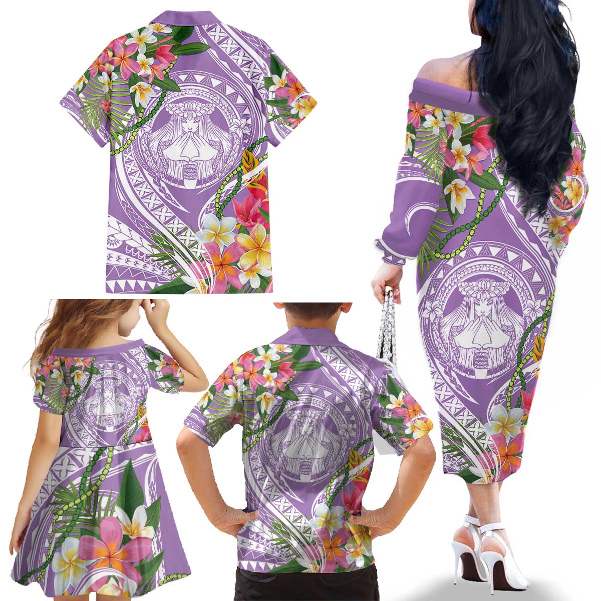 Aloha Hawaii Kauai Family Matching Off The Shoulder Long Sleeve Dress and Hawaiian Shirt Frangipani Mix Mokihana Lei