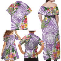 Aloha Hawaii Kauai Family Matching Off Shoulder Maxi Dress and Hawaiian Shirt Frangipani Mix Mokihana Lei
