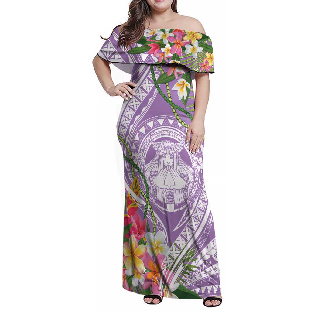 Aloha Hawaii Kauai Family Matching Off Shoulder Maxi Dress and Hawaiian Shirt Frangipani Mix Mokihana Lei