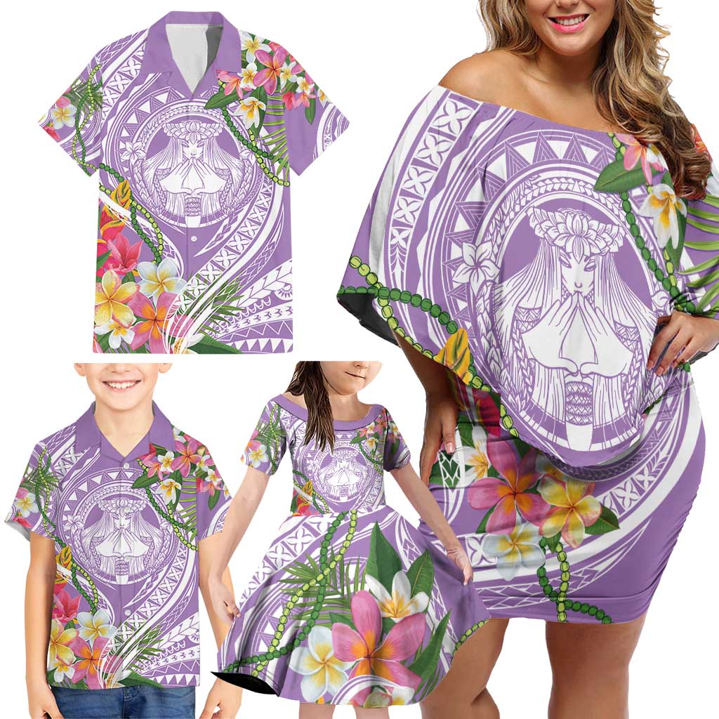 Aloha Hawaii Kauai Family Matching Off Shoulder Short Dress and Hawaiian Shirt Frangipani Mix Mokihana Lei