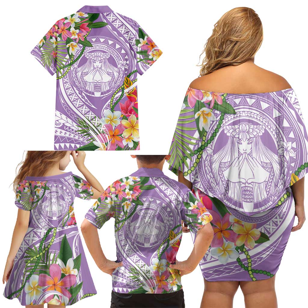 Aloha Hawaii Kauai Family Matching Off Shoulder Short Dress and Hawaiian Shirt Frangipani Mix Mokihana Lei