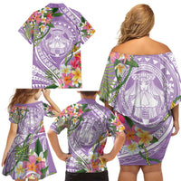 Aloha Hawaii Kauai Family Matching Off Shoulder Short Dress and Hawaiian Shirt Frangipani Mix Mokihana Lei