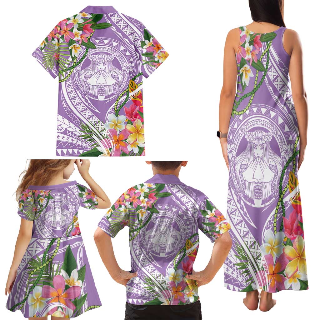 Aloha Hawaii Kauai Family Matching Tank Maxi Dress and Hawaiian Shirt Frangipani Mix Mokihana Lei