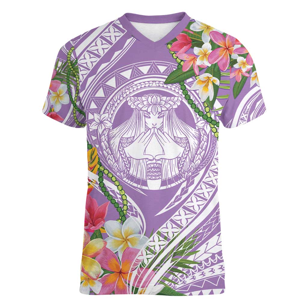 Aloha Hawaii Kauai Women V-Neck T-Shirt Frangipani Mix Mokihana Lei