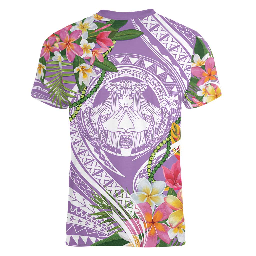 Aloha Hawaii Kauai Women V-Neck T-Shirt Frangipani Mix Mokihana Lei