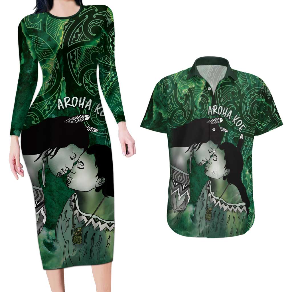 New Zealand Aroha Koe Mama Couples Matching Long Sleeve Bodycon Dress and Hawaiian Shirt Maori Hongi - Pounamu