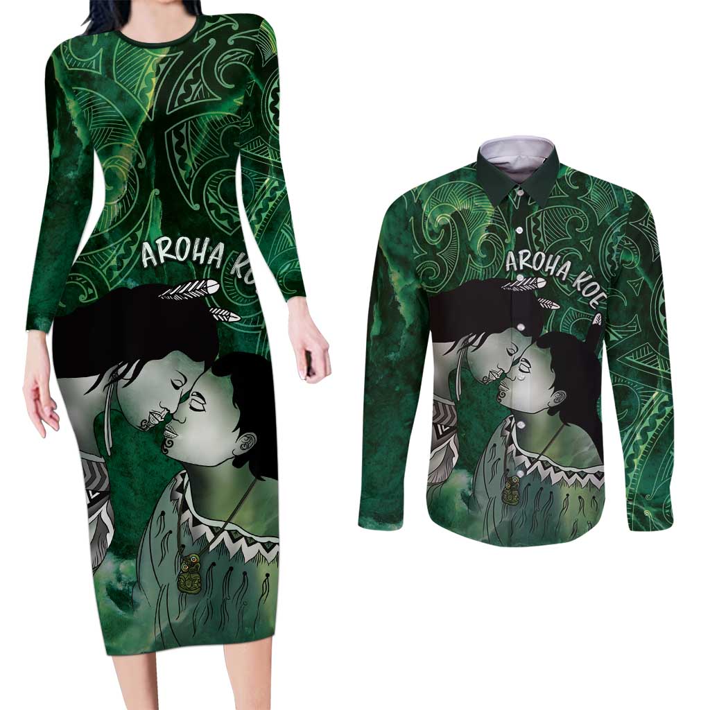New Zealand Aroha Koe Mama Couples Matching Long Sleeve Bodycon Dress and Long Sleeve Button Shirt Maori Hongi - Pounamu