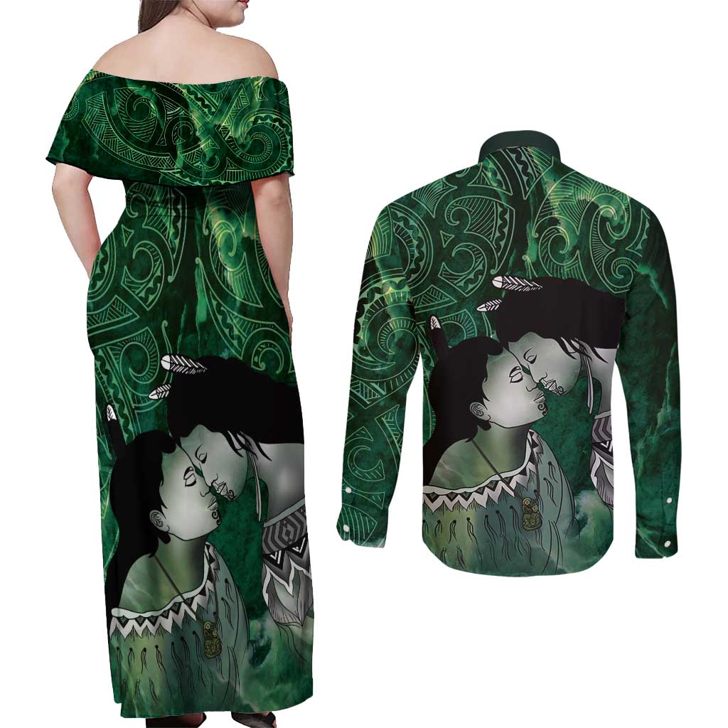 New Zealand Aroha Koe Mama Couples Matching Off Shoulder Maxi Dress and Long Sleeve Button Shirt Maori Hongi - Pounamu