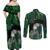 New Zealand Aroha Koe Mama Couples Matching Off Shoulder Maxi Dress and Long Sleeve Button Shirt Maori Hongi - Pounamu