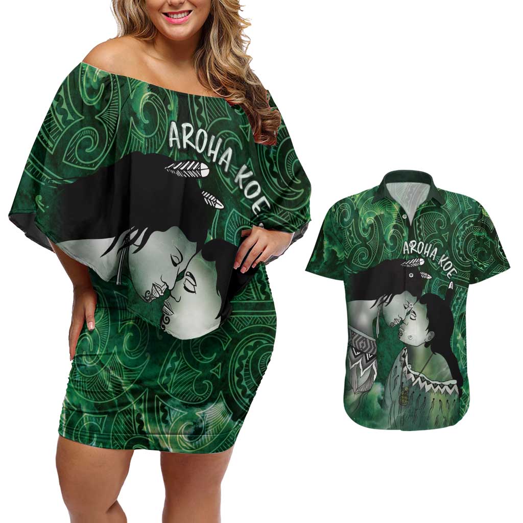 New Zealand Aroha Koe Mama Couples Matching Off Shoulder Short Dress and Hawaiian Shirt Maori Hongi - Pounamu