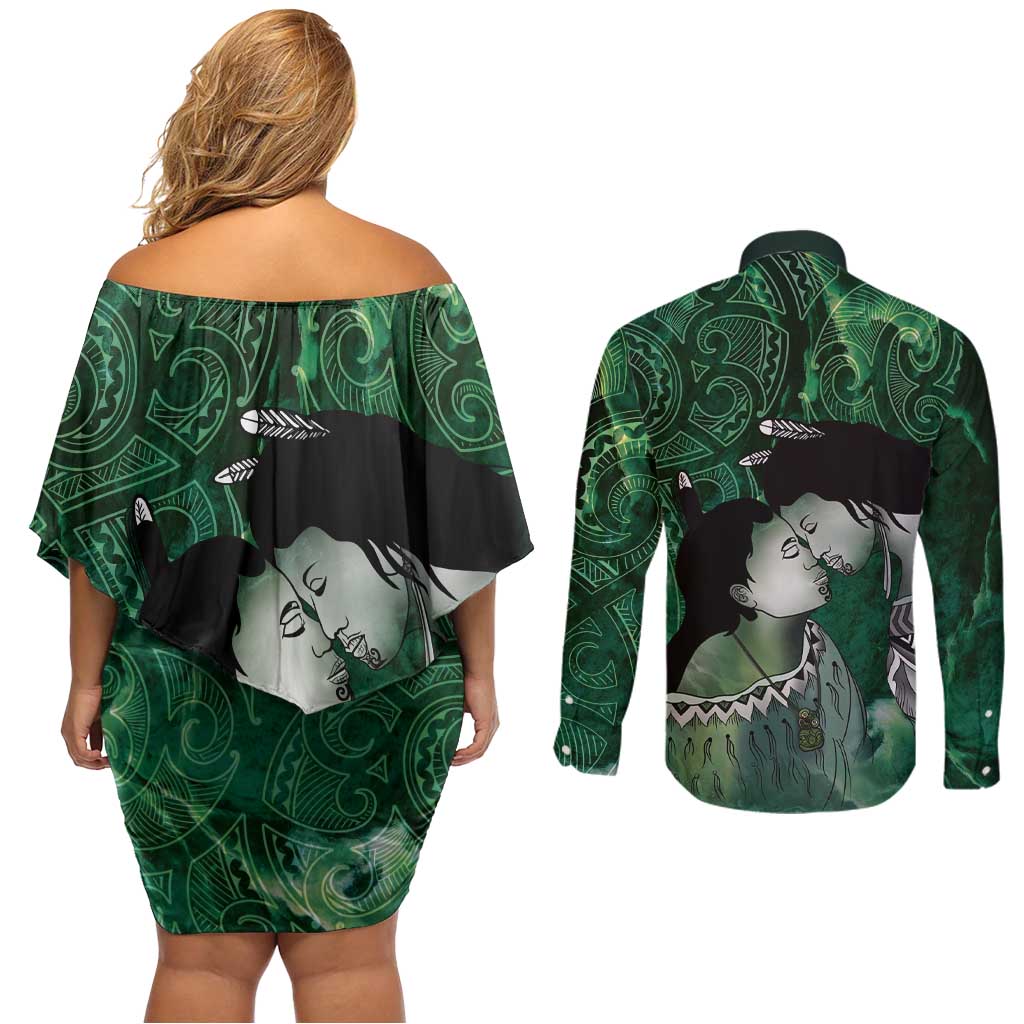 New Zealand Aroha Koe Mama Couples Matching Off Shoulder Short Dress and Long Sleeve Button Shirt Maori Hongi - Pounamu