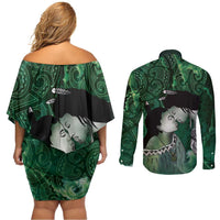 New Zealand Aroha Koe Mama Couples Matching Off Shoulder Short Dress and Long Sleeve Button Shirt Maori Hongi - Pounamu