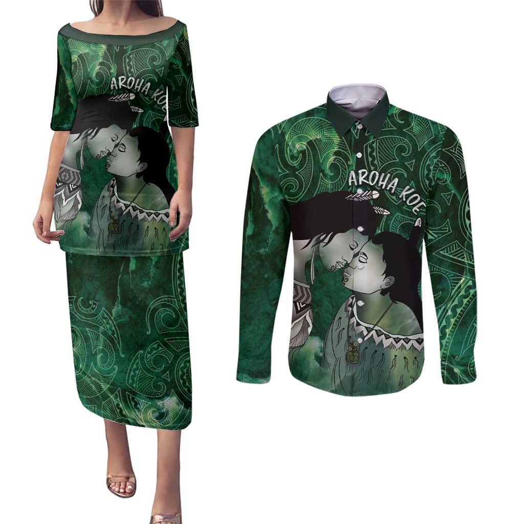 New Zealand Aroha Koe Mama Couples Matching Puletasi and Long Sleeve Button Shirt Maori Hongi - Pounamu