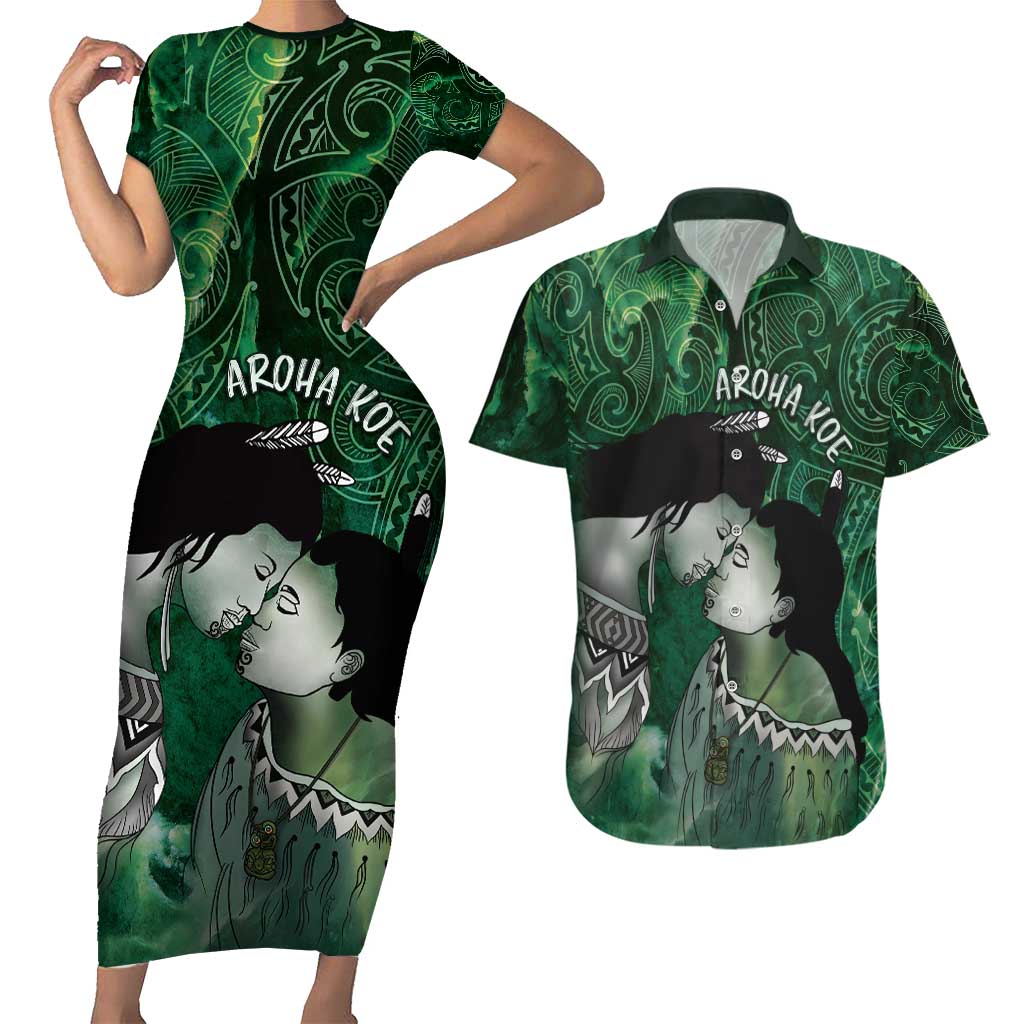 New Zealand Aroha Koe Mama Couples Matching Short Sleeve Bodycon Dress and Hawaiian Shirt Maori Hongi - Pounamu