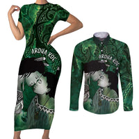 New Zealand Aroha Koe Mama Couples Matching Short Sleeve Bodycon Dress and Long Sleeve Button Shirt Maori Hongi - Pounamu