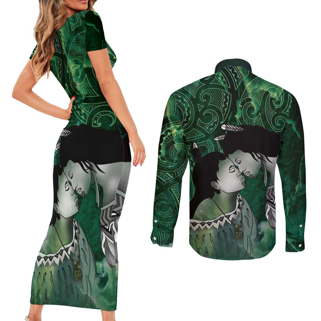New Zealand Aroha Koe Mama Couples Matching Short Sleeve Bodycon Dress and Long Sleeve Button Shirt Maori Hongi - Pounamu