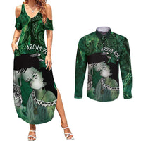 New Zealand Aroha Koe Mama Couples Matching Summer Maxi Dress and Long Sleeve Button Shirt Maori Hongi - Pounamu
