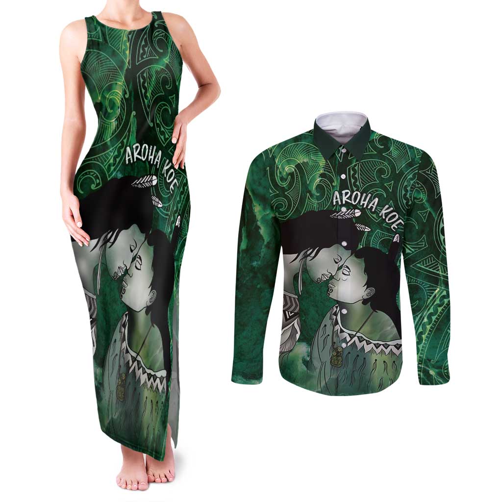 New Zealand Aroha Koe Mama Couples Matching Tank Maxi Dress and Long Sleeve Button Shirt Maori Hongi - Pounamu