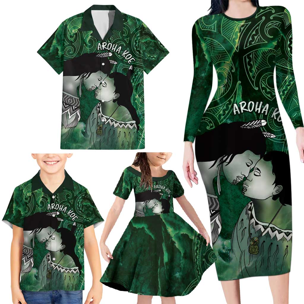 New Zealand Aroha Koe Mama Family Matching Long Sleeve Bodycon Dress and Hawaiian Shirt Maori Hongi - Pounamu