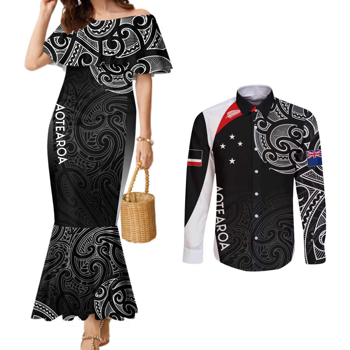 Personalised New Zealand Rugby Couples Matching Mermaid Dress and Long Sleeve Button Shirts Aotearoa World Cup 2023 Champions LT7 Black - Polynesian Pride