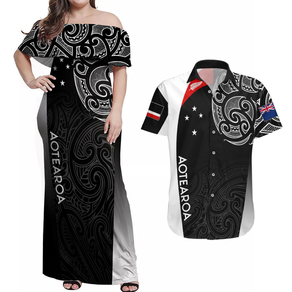 Personalised New Zealand Rugby Couples Matching Off Shoulder Maxi Dress and Hawaiian Shirt Aotearoa World Cup 2023 Champions LT7 Black - Polynesian Pride