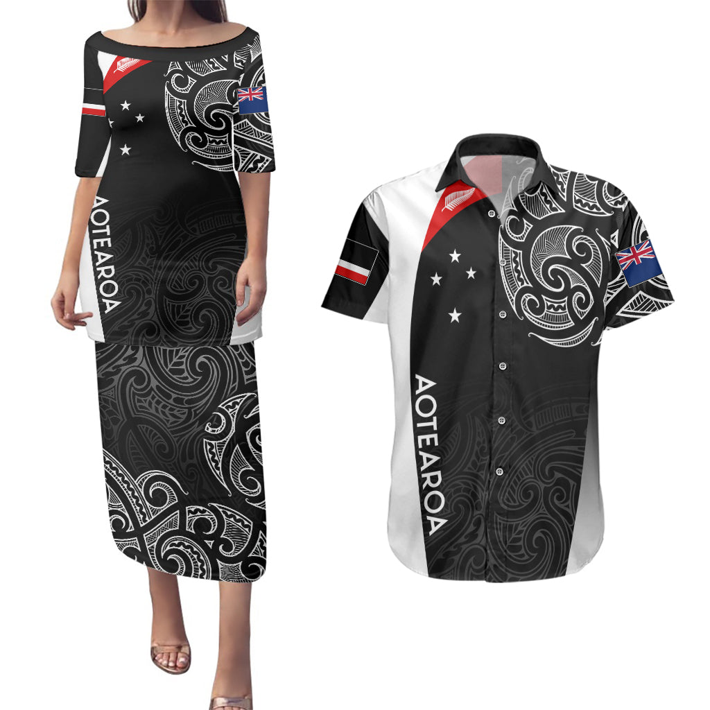 Personalised New Zealand Rugby Couples Matching Puletasi Dress and Hawaiian Shirt Aotearoa World Cup 2023 Champions LT7 Black - Polynesian Pride