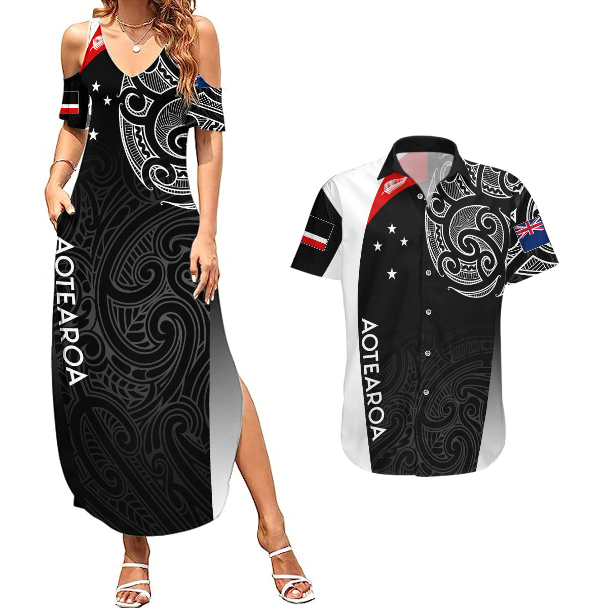 Personalised New Zealand Rugby Couples Matching Summer Maxi Dress and Hawaiian Shirt Aotearoa World Cup 2023 Champions LT7 Black - Polynesian Pride