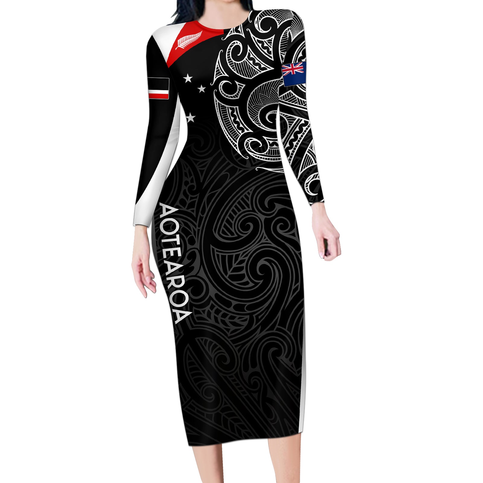 Personalised New Zealand Rugby Long Sleeve Bodycon Dress Aotearoa World Cup 2023 Champions LT7 Long Dress Black - Polynesian Pride