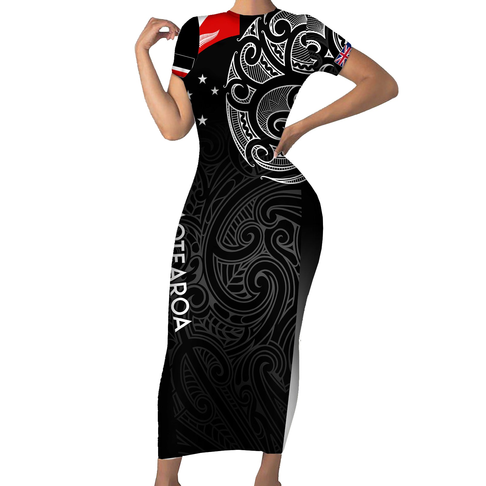 Personalised New Zealand Rugby Short Sleeve Bodycon Dress Aotearoa World Cup 2023 Champions LT7 Long Dress Black - Polynesian Pride