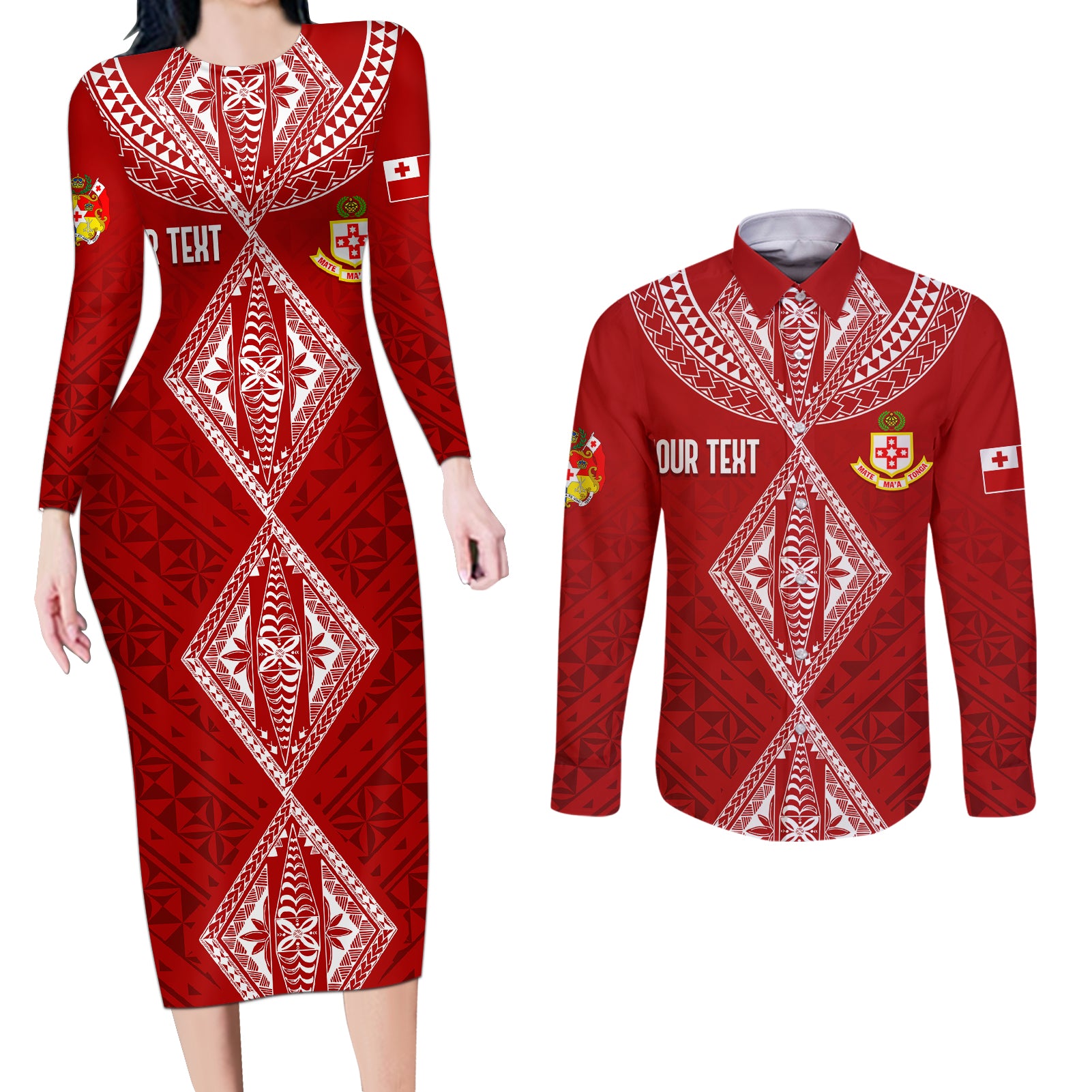 Personalised Kolisi Tonga Atele Couples Matching Long Sleeve Bodycon Dress and Long Sleeve Button Shirts Tongan Kupesi - Special LT7 Red - Polynesian Pride